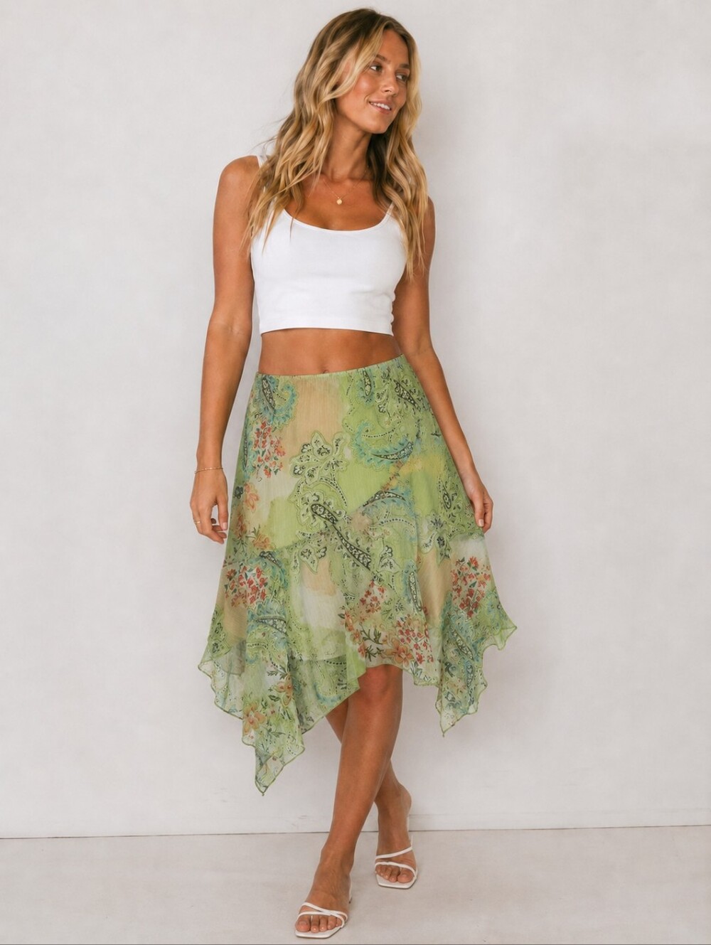 Boho Paisley Chiffon Ruffle Mini Skirt Fairycore Cottagecore Green M Flowy